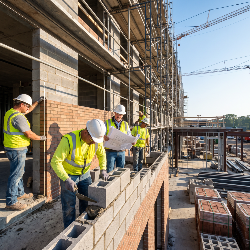 Mason laying concrete blocks with crew members beside a brick wall